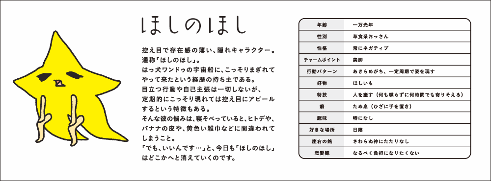 ほしのほし 控え目で存在感の薄い、隠れキャラクター。通称「ほしのほし」。はっ犬ワンドゥの宇宙船に、こっそりまぎれてやって来たという経歴の持ち主である。目立つ行動や自己主張は一切しないが、定期的にこっそり現れては控え目にアピールするという特徴もある。そんな彼の悩みは、寝そべっていると、ヒトデや、バナナの皮や、黄色い雑巾などに間違われてしまうこと。「でも、いいんです…」と、今日も「ほしのほし」はどこかへと消えていくのです。